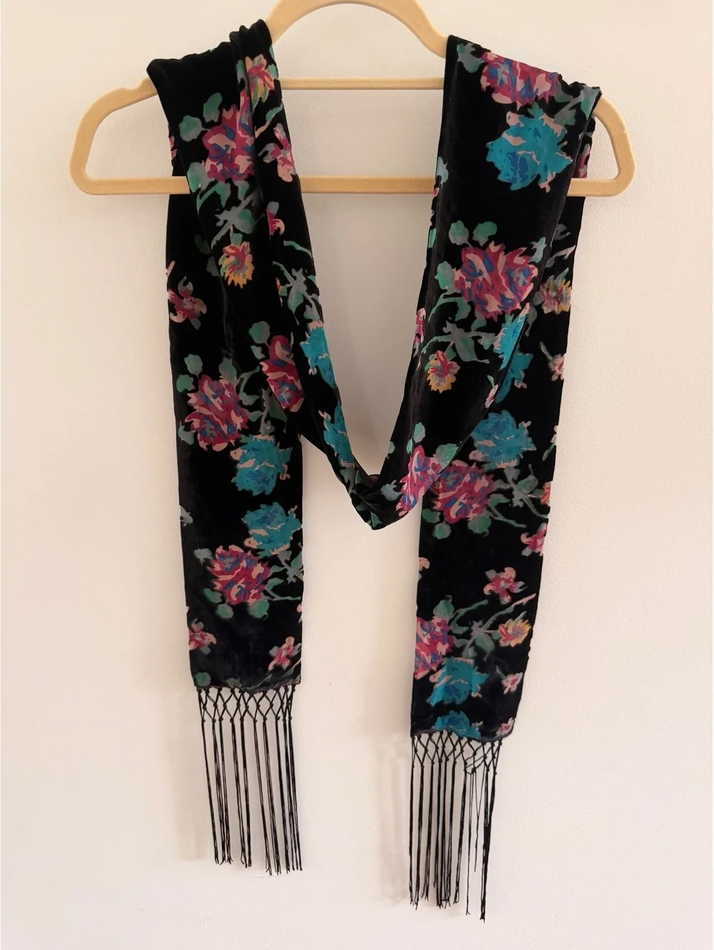 Johnny Was Black Velvet Floral Scarf with Fringe